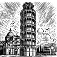 Pisa tower sketch engraving black and white outline. Scratch board imitation. illustrated in vintage line art style on a white background. vector