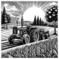 Tractor on farm field engraving black and white outline. Scratch board imitation. illustrated in vintage line art style on a white background. vector