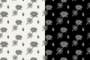 lotus petals with leaves doodle seamless pattern on black white background set. lotus flower petal engraving pattern background. retro lotus flower with leaves background for florist merchandise vector