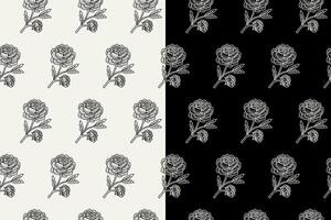 sprig of peony flower doodle seamless pattern on black white background set. stem of peonies engraving pattern background. retro peony flower sprigs background for florist decor and merchandise vector