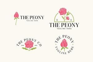 peony flowers, buds, petals with leaves minimalist logo design. several stems of peonies with leaves silhouette logo concept. feminine peony flower logo set for beauty care, cosmetic, boutique vector