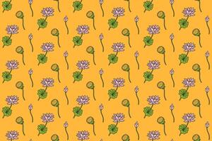 lotus stem, petal, bud, leaves colorful seamless pattern on yellow background. lotus flowers doodle illustration pattern background. lotus stems, petals, buds background for florist merchandise vector