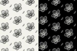cherry blossom with leaves doodle seamless pattern on black white background set. cherry blossom flower engraving pattern background. cherry blossom flower and leaf background for florist merchandise vector