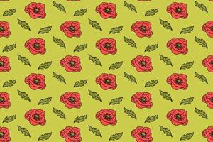 poppy petals with leaves colorful seamless pattern on green background. poppies flower doodle illustration pattern background. poppy flower with leaves background for florist decor and merchandise vector