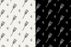 poppy petals with leaves doodle seamless pattern on black white background set. poppies petal flower engraving pattern background. retro poppy flower with leaves background for florist merchandise vector