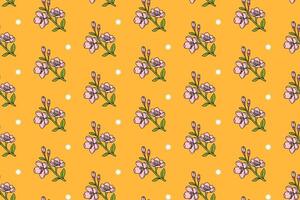 cherry blossom sprig with star colorful seamless pattern on yellow background. stem of cherry blossom doodle illustration pattern background. cherry blossom sprigs background for florist merchandise vector