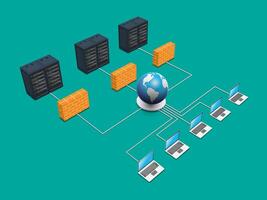 3D Computer network security on green background. Cloud computing data center. vector