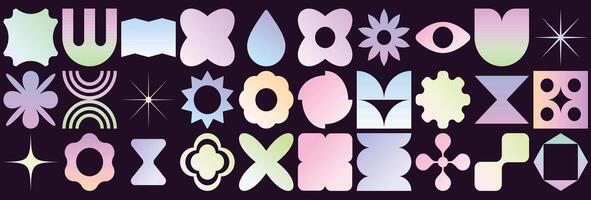 Set of brutalist geometric shapes. gradient Trendy abstract minimalist figures, stars, flowers, and circles. Modern abstract graphic design elements. vector