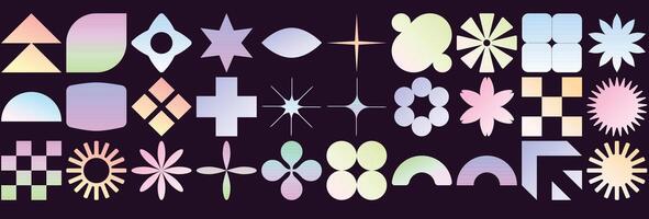Set of Brutalist abstract geometric shapes and grids. Brutal contemporary gradient figure star, oval spiral flower, and other primitive elements. Bauhaus vector
