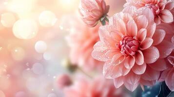 Pink dahlia flowers showcase full blooms with morning dew drops, creating ethereal garden scene through soft sunlight and delicate petal details against bokeh effect. flowers photo