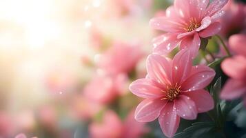 Pink dahlia flowers showcase full blooms with morning dew drops, creating ethereal garden scene through soft sunlight and delicate petal details against bokeh effect. garden photo