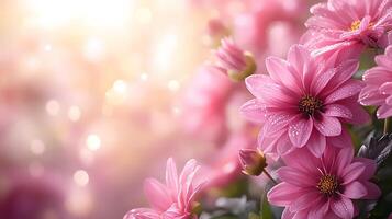 Pink dahlia flowers showcase full blooms with morning dew drops, creating ethereal garden scene through soft sunlight and delicate petal details against bokeh effect. morning photo