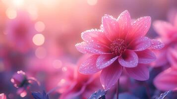 Pink dahlia flowers showcase full blooms with morning dew drops, creating ethereal garden scene through soft sunlight and delicate petal details against bokeh effect. bloom photo