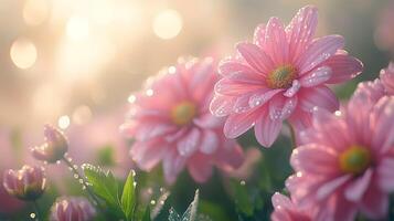 Pink dahlia flowers showcase full blooms with morning dew drops, creating ethereal garden scene through soft sunlight and delicate petal details against bokeh effect. petals photo