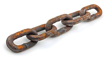 Metal chain displays broken link against bright white background, highlighting rusty iron texture and weathered details in dramatic macro photography. gap photo