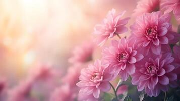 Pink dahlia flowers showcase full blooms with morning dew drops, creating ethereal garden scene through soft sunlight and delicate petal details against bokeh effect. natural photo