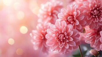 Pink dahlia flowers showcase full blooms with morning dew drops, creating ethereal garden scene through soft sunlight and delicate petal details against bokeh effect. botanical photo
