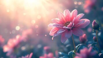 Pink dahlia flowers showcase full blooms with morning dew drops, creating ethereal garden scene through soft sunlight and delicate petal details against bokeh effect. floral photo