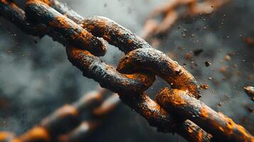 Metal chain displays broken link against bright white background, highlighting rusty iron texture and weathered details in dramatic macro photography. split photo