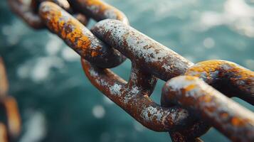 Metal chain displays broken link against bright white background, highlighting rusty iron texture and weathered details in dramatic macro photography. fractured photo