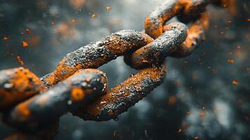 Metal chain displays broken link against bright white background, highlighting rusty iron texture and weathered details in dramatic macro photography. severed photo