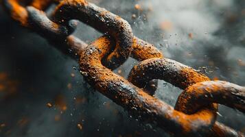 Metal chain displays broken link against bright white background, highlighting rusty iron texture and weathered details in dramatic macro photography. detached photo