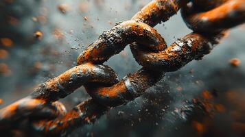 Metal chain displays broken link against bright white background, highlighting rusty iron texture and weathered details in dramatic macro photography. snapped photo