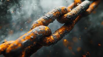 Metal chain displays broken link against bright white background, highlighting rusty iron texture and weathered details in dramatic macro photography. disjointed photo