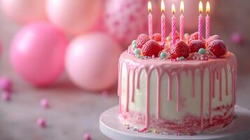 Strawberry birthday cake positioned on frame's right features white dripping glaze, lit candles, and colorful sprinkles, set against soft pastel balloon background. delicate photo