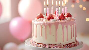 Strawberry birthday cake positioned on frame's right features white dripping glaze, lit candles, and colorful sprinkles, set against soft pastel balloon background. confectionery photo
