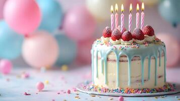Strawberry birthday cake positioned on frame's right features white dripping glaze, lit candles, and colorful sprinkles, set against soft pastel balloon background. fresh photo