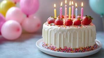 Strawberry birthday cake positioned on frame's right features white dripping glaze, lit candles, and colorful sprinkles, set against soft pastel balloon background. delicious photo