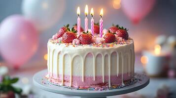 Strawberry birthday cake positioned on frame's right features white dripping glaze, lit candles, and colorful sprinkles, set against soft pastel balloon background. indulgent photo