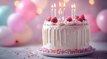 Strawberry birthday cake positioned on frame's right features white dripping glaze, lit candles, and colorful sprinkles, set against soft pastel balloon background. whipped photo