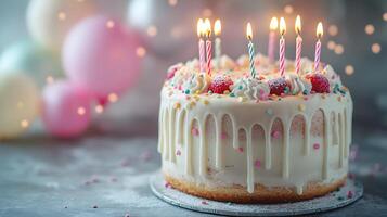 Strawberry birthday cake positioned on frame's right features white dripping glaze, lit candles, and colorful sprinkles, set against soft pastel balloon background. strawberry photo