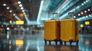 Luxury yellow and brown luggage set displayed in airport terminal setting, enhanced by golden hour lighting and reflective surfaces creating a sophisticated travel atmosphere. departure photo