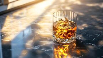 Refined whiskey glass sits atop black marble table, golden liquid catching natural sunlight with dramatic shadow play, creating luxurious drink presentation. shadow photo