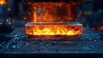 Molten steel processing showcases intense orange flames during industrial forging, capturing dramatic metalworking atmosphere in high-contrast environment. processing photo