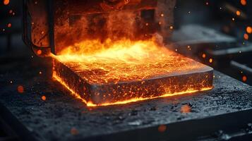 Molten steel processing showcases intense orange flames during industrial forging, capturing dramatic metalworking atmosphere in high-contrast environment. production photo