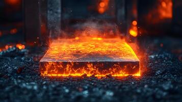 Molten steel processing showcases intense orange flames during industrial forging, capturing dramatic metalworking atmosphere in high-contrast environment. shaping photo