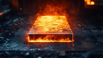 Molten steel processing showcases intense orange flames during industrial forging, capturing dramatic metalworking atmosphere in high-contrast environment. hot photo