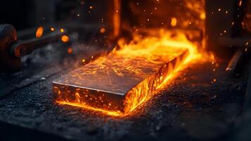 Molten steel processing showcases intense orange flames during industrial forging, capturing dramatic metalworking atmosphere in high-contrast environment. crafting photo