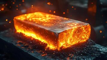 Molten steel processing showcases intense orange flames during industrial forging, capturing dramatic metalworking atmosphere in high-contrast environment. creating photo