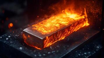 Molten steel processing showcases intense orange flames during industrial forging, capturing dramatic metalworking atmosphere in high-contrast environment. developing photo
