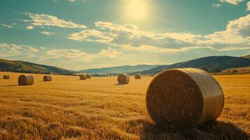 Round hay bales dot golden wheat field beneath vivid blue sky, capturing rural essence with bright sunlight rays piercing through scattered white clouds. farm photo