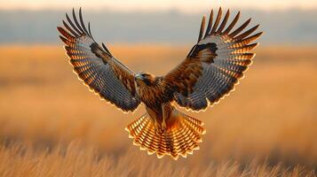 Majestic hawk soars over vast grassland, wings spread wide against golden prairie landscape, capturing autumn colors and detailed feather textures in afternoon light. powerful photo
