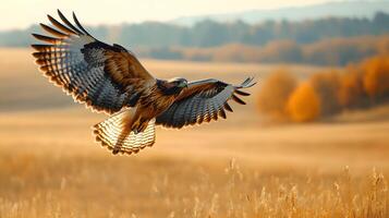 Majestic hawk soars over vast grassland, wings spread wide against golden prairie landscape, capturing autumn colors and detailed feather textures in afternoon light. wings photo
