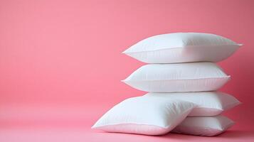 Pure white fluffy pillows stacked against soft pink background create minimalist composition with right-side positioning, emphasizing textile textures and comfort. peaceful photo