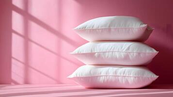 Pure white fluffy pillows stacked against soft pink background create minimalist composition with right-side positioning, emphasizing textile textures and comfort. soothing photo