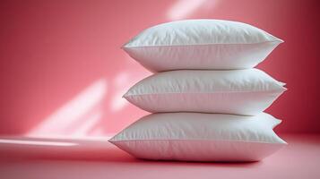 Pure white fluffy pillows stacked against soft pink background create minimalist composition with right-side positioning, emphasizing textile textures and comfort. restful photo